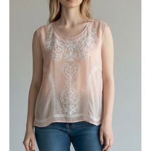 Champagne & Strawberry Peach Embroidered Sleeveless Chiffon Top Large NWT